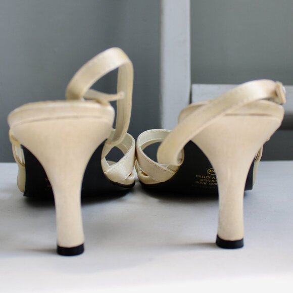 Bouquets Champagne Rhinestone Satin Open-Toe Slingback Heels Size 12 WW - Picture 6 of 8
